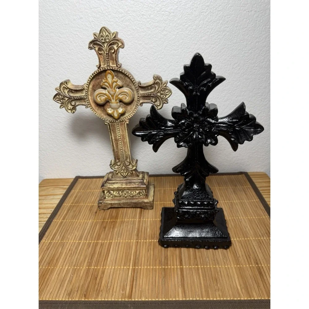Heavy Distressed Fleur De Lis Cross Tabletop Accent Victorian Gothic Lot Of 2